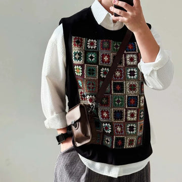BONSIR  -  Black Embroidered Men's Knitted Vest High Street Style Loose Top Autumn Winter Casual Comfortable Male Clothing